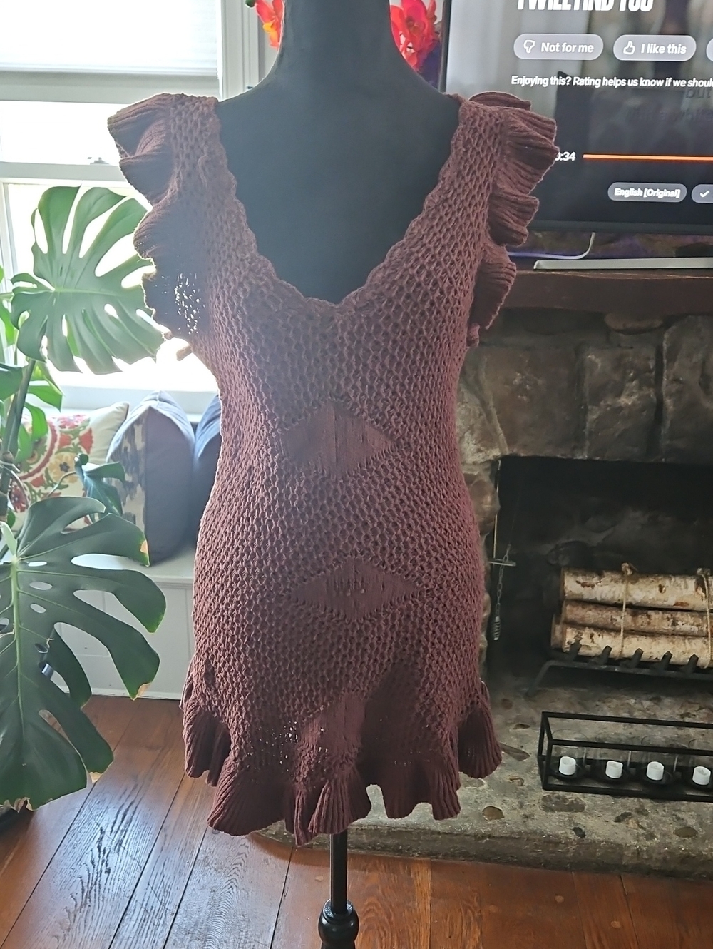 Brown Crochet Swim Coverup Dress with Ruffle Sleeves